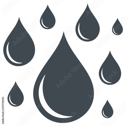 Illustration of water drops in different sizes, isolated on white background