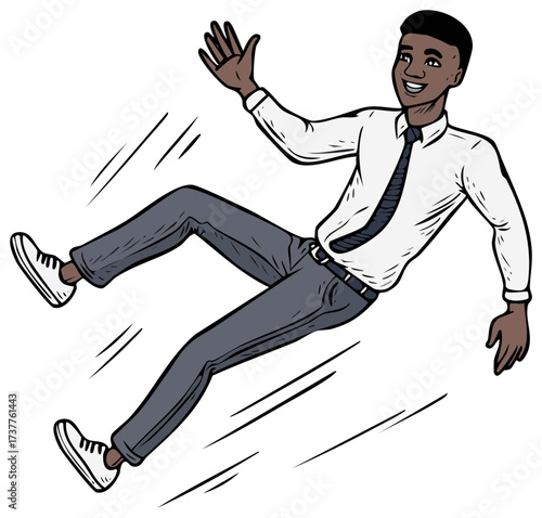 Illustration of a Happy Man Waving While Falling Downward with Motion Lines Suggesting Speed, Cartoon Style