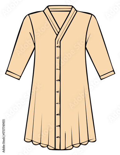 Beige Three Quarter Sleeve Dress with Buttons and Scalloped Hemline Flat Sketch