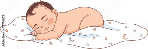 Sleeping baby illustration, peaceful infant rest, cozy blanket, stars and moon design, calm childhood, newborn sleep, nursery art, baby care, innocence