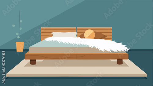 A minimalist bedroom with a platform bed made from reclaimed wood accented with soft fur throw pillows and a modern geometric rug.