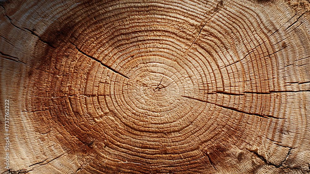 Naklejka premium Extreme close-up of a cut tree trunk showing concentric growth rings and cracks, illustrating the natural process of aging and serving as a rustic wood texture background.