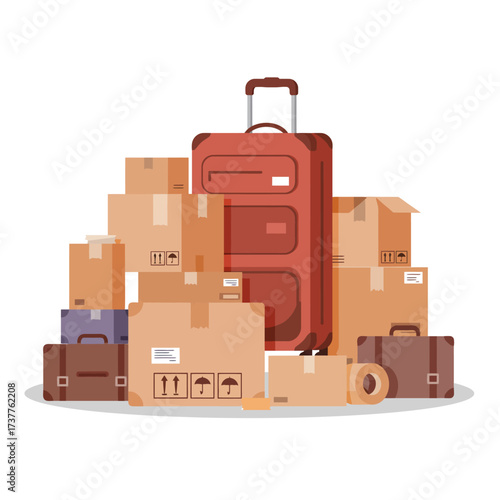 Vector art of pile of cardboard boxes and suitcases