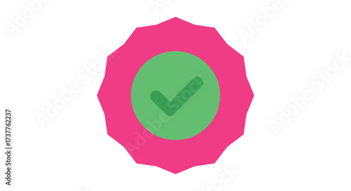 A vibrant pink badge with a green oval containing a checkmark symbol