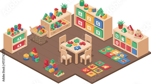 Children playroom, early learning classroom, educational toys, alphabet blocks, colorful puzzles, preschool environment, childhood development, interactive play, kids education, fun learning