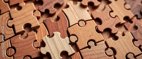 Intricate wooden jigsaw puzzle pieces close-up, showing texture and detail,   shape,   traditional