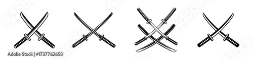 A set of four black and white icons depicting crossed Japanese katana swords in different arrangements.