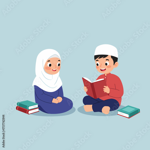 Happy Muslim Kids Reading Books Together, Islamic Education Learning