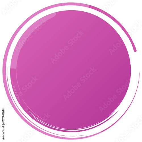 Glossy pink circular button with a dynamic white brush stroke frame