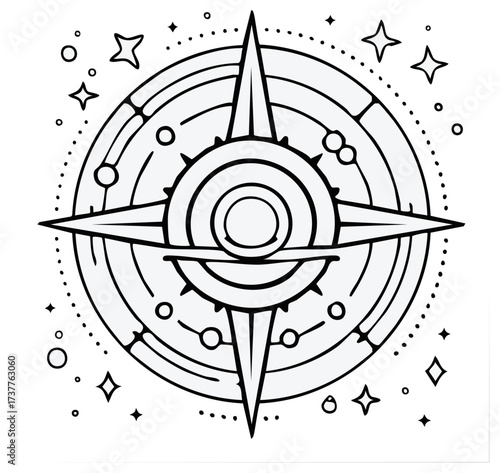 Celestial Navigation Symbol Black and White Minimalist Illustration with Stars and Lines for Astrology Themes