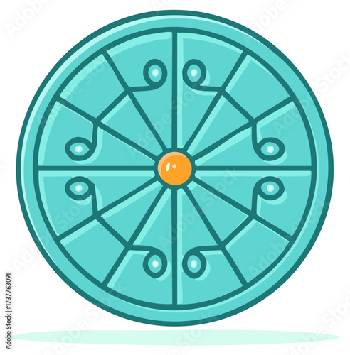 Circular Symbol Featuring Ornate Swirls and Central Orb in Pastel Blue and Orange Color Combination