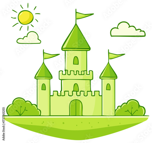 Whimsical green cartoon castle illustration floating on an island with a bright sun and fluffy clouds a fairytale dream kingdom