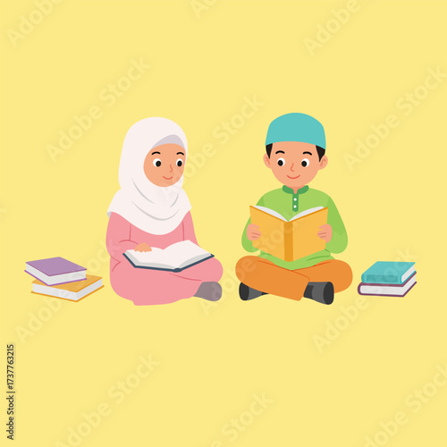 Happy Muslim Children Reading Books: Islamic Education and Learning Concept