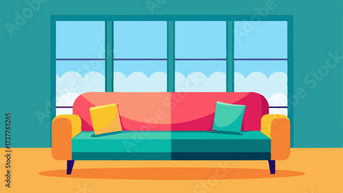 A large plush couch with brightly colored throw pillows sits in front of a floortoceiling window allowing natural light to flood into the lounge.