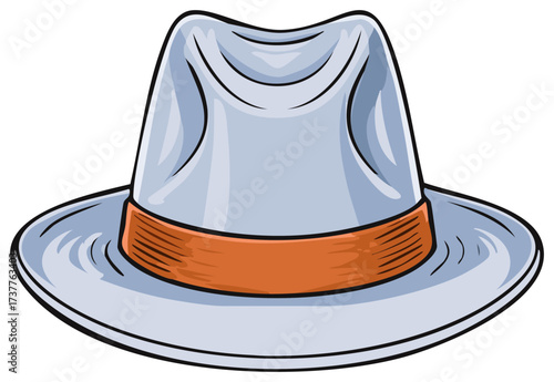 Stylish illustration of a fedora hat with a light blue crown and orange band, isolated graphic design.