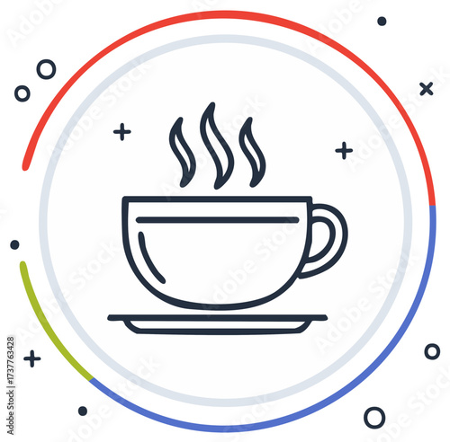 Steaming Cup of Coffee or Tea on Saucer with Decorative Circles and Plus Symbols
