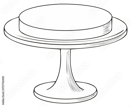 Line art drawing of a round table with pedestal base and a raised round surface