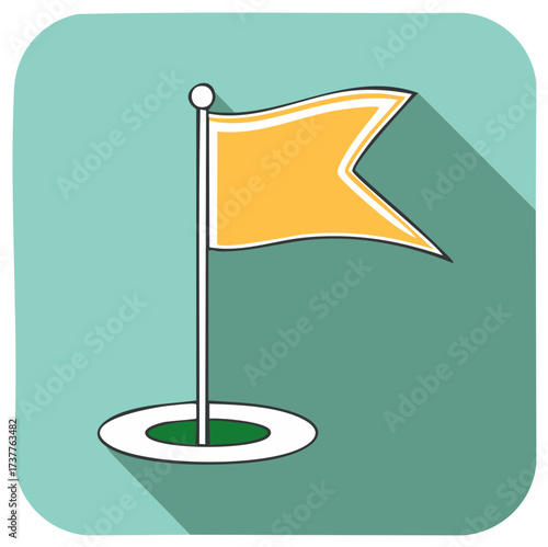 Vector illustration of golf flag with flag pole in a hole against a green background