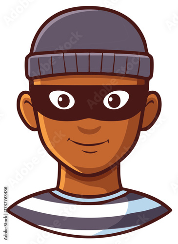 Cartoon bandit with mask and beanie wearing striped shirt smiling innocently