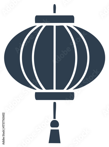 Dark blue silhouette of a traditional oval East Asian lantern with tassel on white background