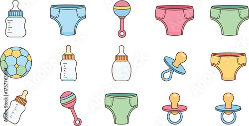 Baby essentials set, bottles and pacifiers, colorful underwear, rattles and toys, infant care items, parenting supplies, childcare products, newborn accessories, baby gear