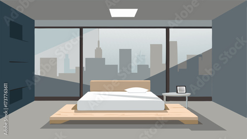A minimalist bedroom with concrete walls and floors and a large floortoceiling window overlooking an urban landscape. The bed is a low platform made of salvaged wood and adorned