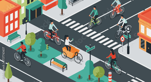 City Cycling Scene - People on Bikes in Urban Environment.