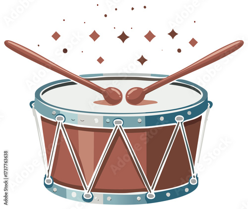 Cartoon drum with drumsticks and sparkling effects for music and celebration