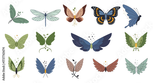 Collection of artistic stylized butterflies and dragonfly illustrations.