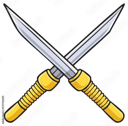 Cartoon Swords Crosses, Silver Blades with Gold Handles, Stylized Weaponry Graphic