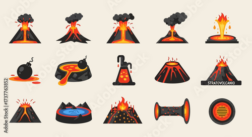 Collection of diverse volcano illustrations showing eruptions and lava flows.