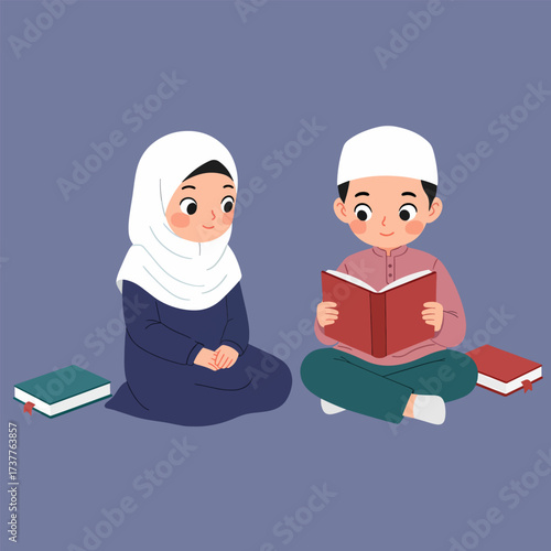 Happy Muslim Kids Reading Holy Quran Together, Islamic Education Concept