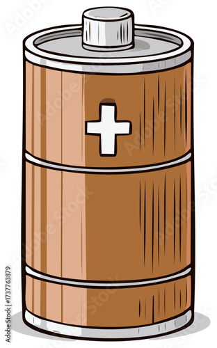 Cartoon style illustration of a generic alkaline battery with a plus symbol