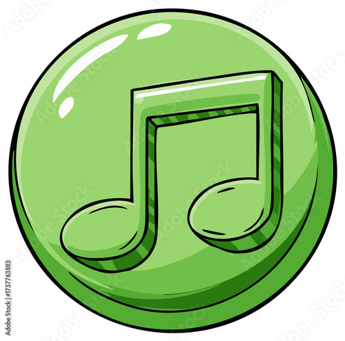 Vibrant green musical note symbol inside a glossy round button illustration design
