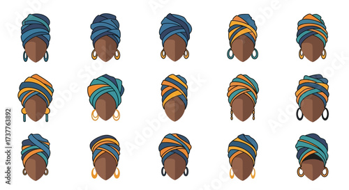 Collection of diverse women wearing colorful headwraps and earrings.