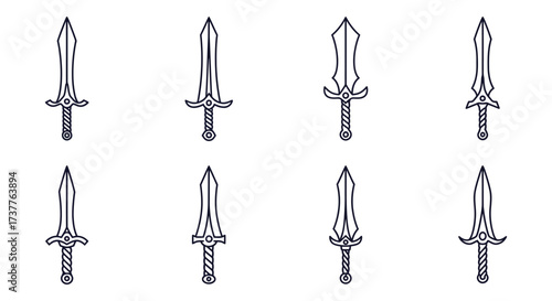 Eight sketches of medieval swords in a simple black and white style