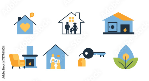 Collection of house and home related icons representing family, comfort, and property.