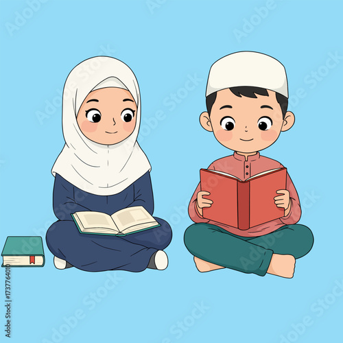 Happy Muslim Kids Reading Books Islamic Study Education Vector