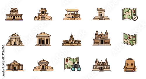 Collection of iconic world landmarks and travel essentials in a flat design style.