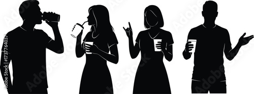 Casual group silhouettes sipping drinks, chatting, and gesturing — relaxed social moments, coffee break, party vibe, everyday interaction, modern lifestyle, urban gathering.