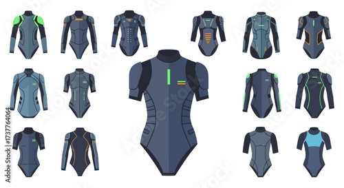 Collection of isolated vector wetsuits for diving and surfing.