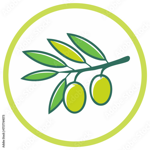 Stylized olive branch with green olives and leaves in a circular frame vector illustration