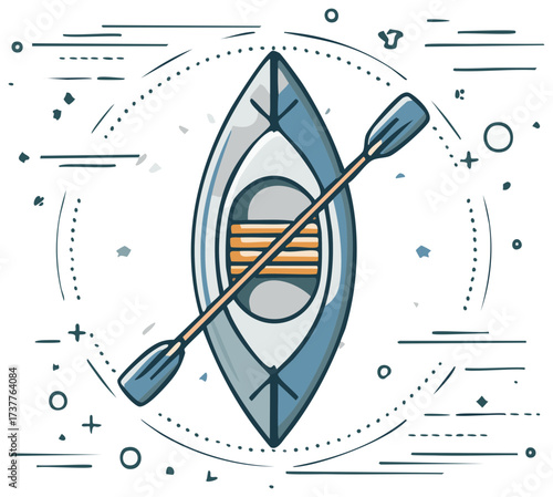 Artistic Kayak with Paddle Surrounded by Abstract Line Art and Geometric Shapes