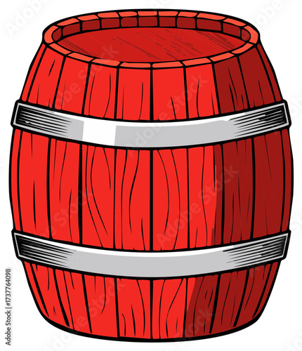 Red Wood Barrel with Metal Hoops Illustration for Wine Storage, Cartoon Style