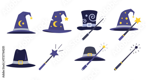 Collection of magical hats and wands for wizards and witches.