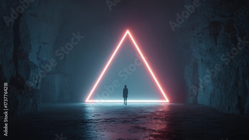 A mysterious person walking toward a glowing neon triangle inside a dark cave with surreal atmosphere.