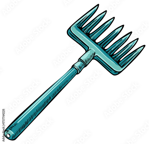 Bright teal plastic garden rake illustration in a vibrant cartoon style