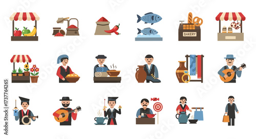 Collection of Market Stall and Vendor Illustrations.
