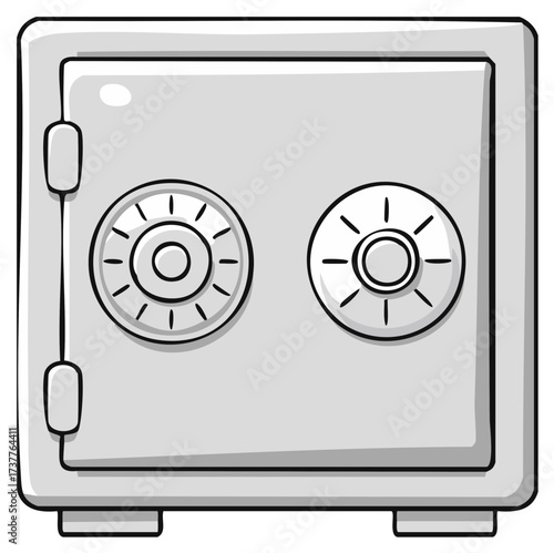 Gray safe with two circular combination locks and a hinged door offering security for valuables