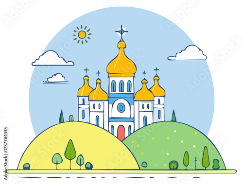 Drawn Orthodox Church with Golden Domes on Rolling Hills Under Sunny Sky